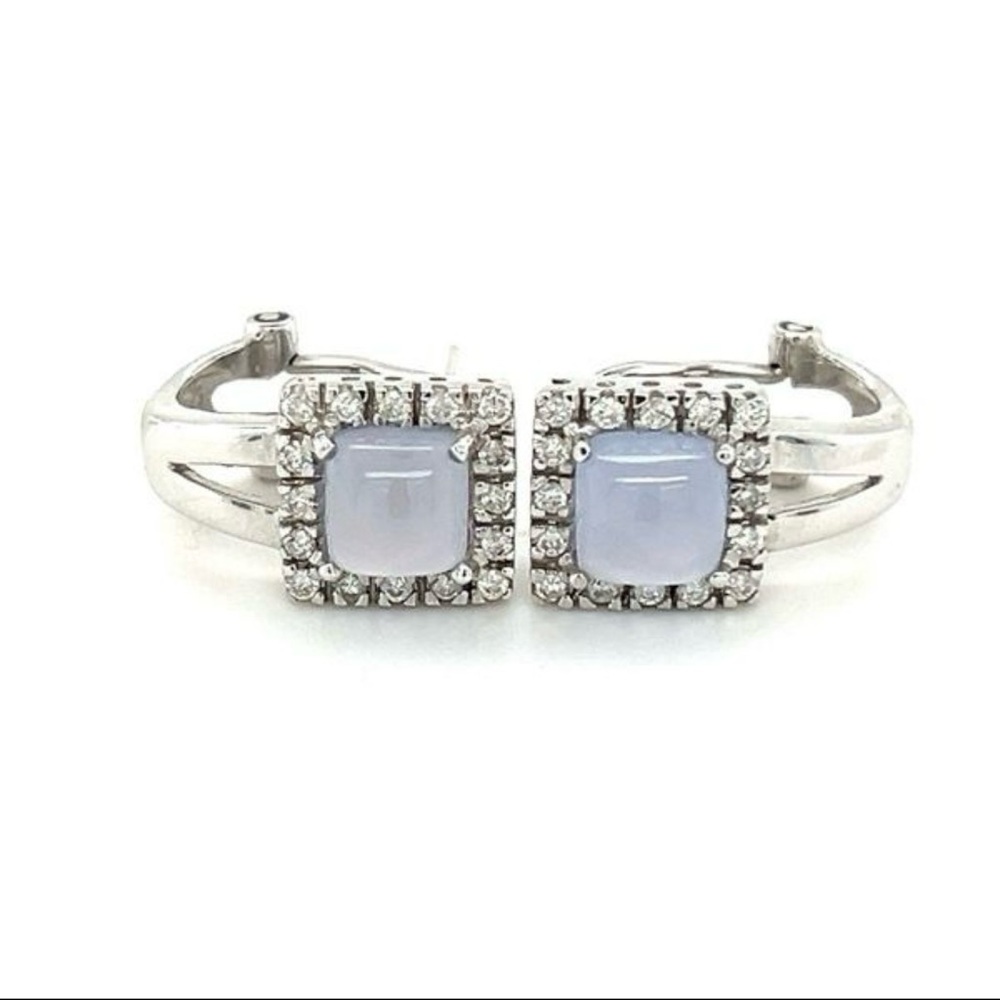 Blue/lavender calcedony  cabochon cut 14kt white gold with diamonds (not cz)